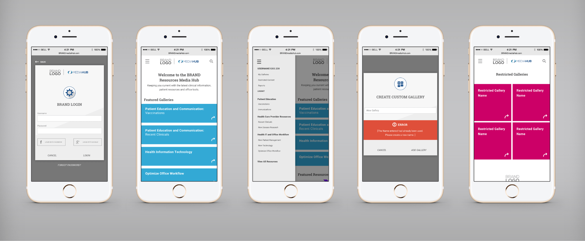 Five mobile devices depicting the mobile view of the Media Hub